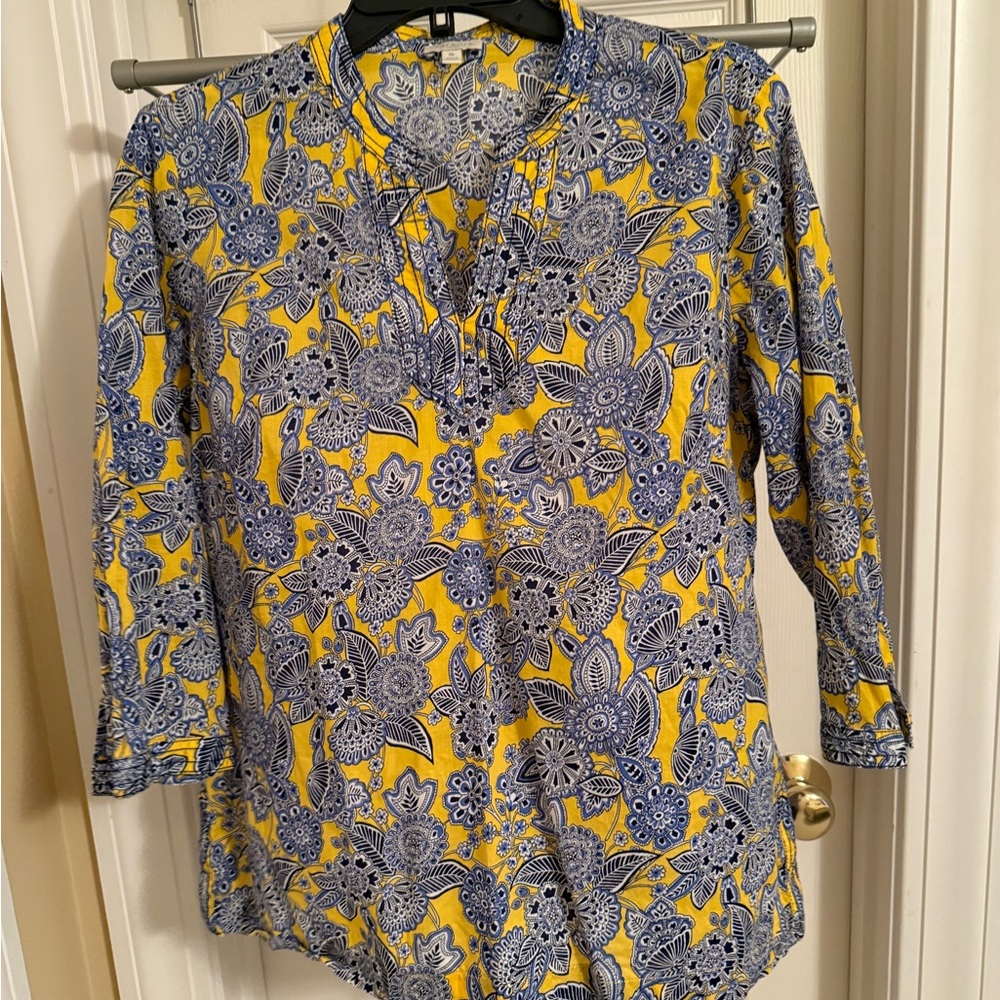 Talbots Women’s Medium Petite Blue Yellow Tunic Top Cotton 3/4 Sleeve EUC